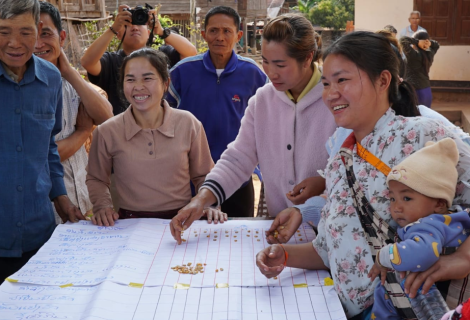 Community members generating a nutrition map (bottom) in Huay Lor village, Lao PDR. (LAO FARMERS’ ASSOCIATION)